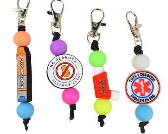 Medical Alert Keychains/Zipper Pulls - No Peanuts - Inhaler - Diabetic 1 & 2 - Epipen - Glow in the Dark - You Design - Sold Individually