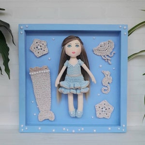 Decor for a kids room a mermaid doll in a frame, a game for a girl, children's wall decor, personalized toy mermaid, blue doll for game