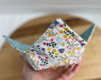 Microwave Bowl Cozy for Soup or Ice Cream, Small Wildflowers in different shades of pink, yellow, lavender, green, and blue.