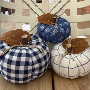 Stuffed Pumpkins, Fabric Pumpkins, Blue & White Check, Window Pane and Floral Blue, Autumn Decor, Fall Decor, Farmhouse Decor