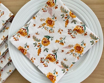 Cloth Napkins, Rust and Orange Flowers, Fall Flowers, Fall Napkins, Cotton Napkin, Housewarming Gift, Mother's Day gift.