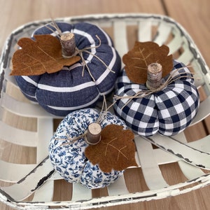 Fabric Pumpkins, Handmade Stuffed Fabric Pumpkins for Fall and Thanksgiving Decor, Farmhouse Decor, Blue and White Pumpkins.