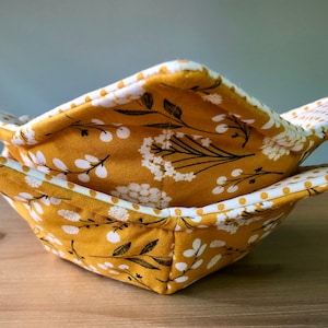 Microwave Bowl Cozy for Soup or Ice Cream, Mustard Woodland & White and Mustard Polka Dot.