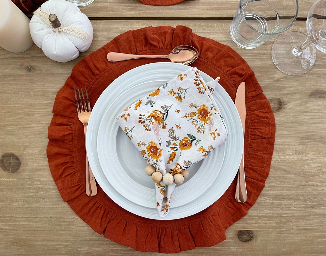 Round Ruffled Placemats Set, Round Placemat With Ruffle, Rust Round