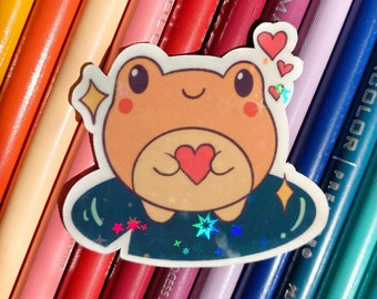 Heart Frog Sticker Holographic // vinyl sticker, die cut, kawaii sticker, frog sticker, bujo