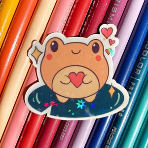 Heart Frog Sticker Holographic // vinyl sticker, die cut, kawaii sticker, frog sticker, bujo