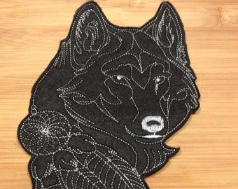 Embroidered Black Wolf with Feathers Sew/Iron-On Patch 7” x 4.50” inches by Twistedstitcher 2018 Located in Abbotsford Bc Canada