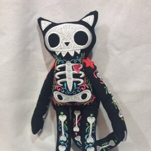 Embroidered Skelecat Day of the Dead Cat Skeleton Cat Stuffed Doll 2 Versions by Twistedstitcher2018 Located in Abbotsford BC Canada