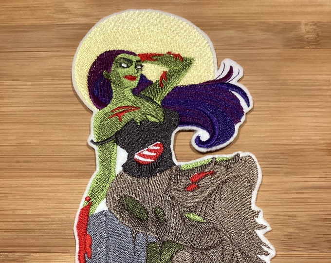 Featured listing image: Embroidered Zombie Pin-Up Girl Patch 9.50” x 5” inches by Twistedstitcher 2018 Located Abbotsford BC Canada