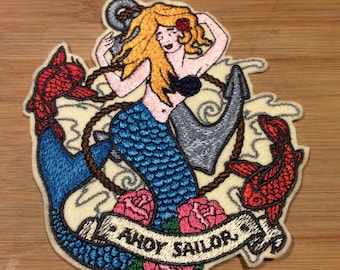 Embroidered Retro Pin-Up Style AHOY SAILOR  Mermaid Patch by Twistedstitcher 2018 Located in Abbotsford BC Canada