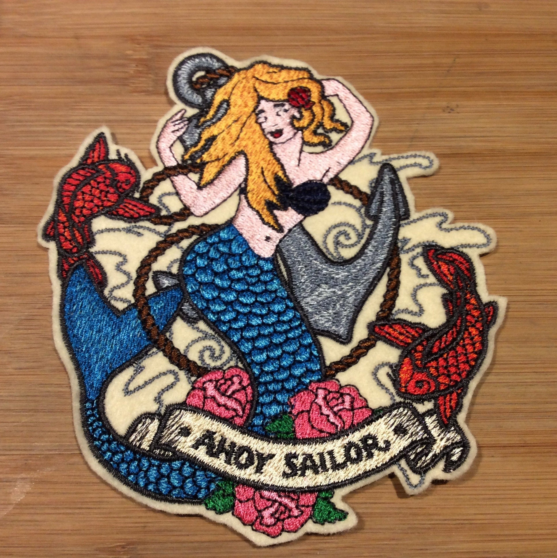 Embroidered Retro Pin-Up Style AHOY SAILOR  Mermaid Patch by Twistedstitcher 2018 Located in Abbotsford BC Canada