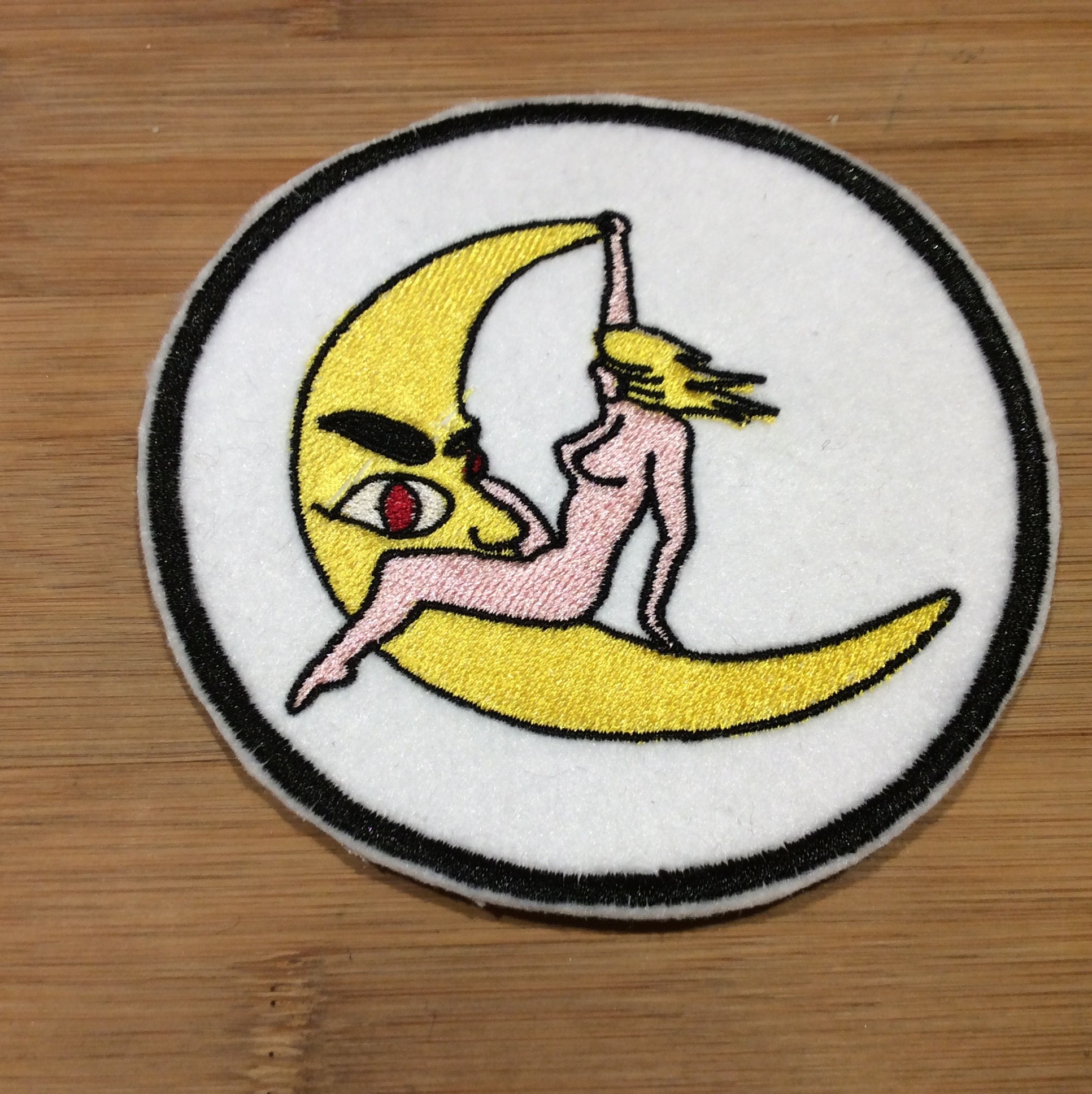 Embroidered Retro Nude Pin-Up Girl Riding Crescent Moon Art Patch by Twistedstitcher 2018 Located in Abbotsford BC Canada