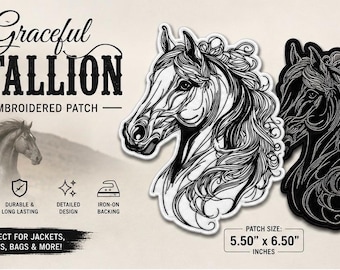 Graceful Stallion Embroidered Patch, Horse Head Applique, Iron-On Equestrian Jacket Patch
