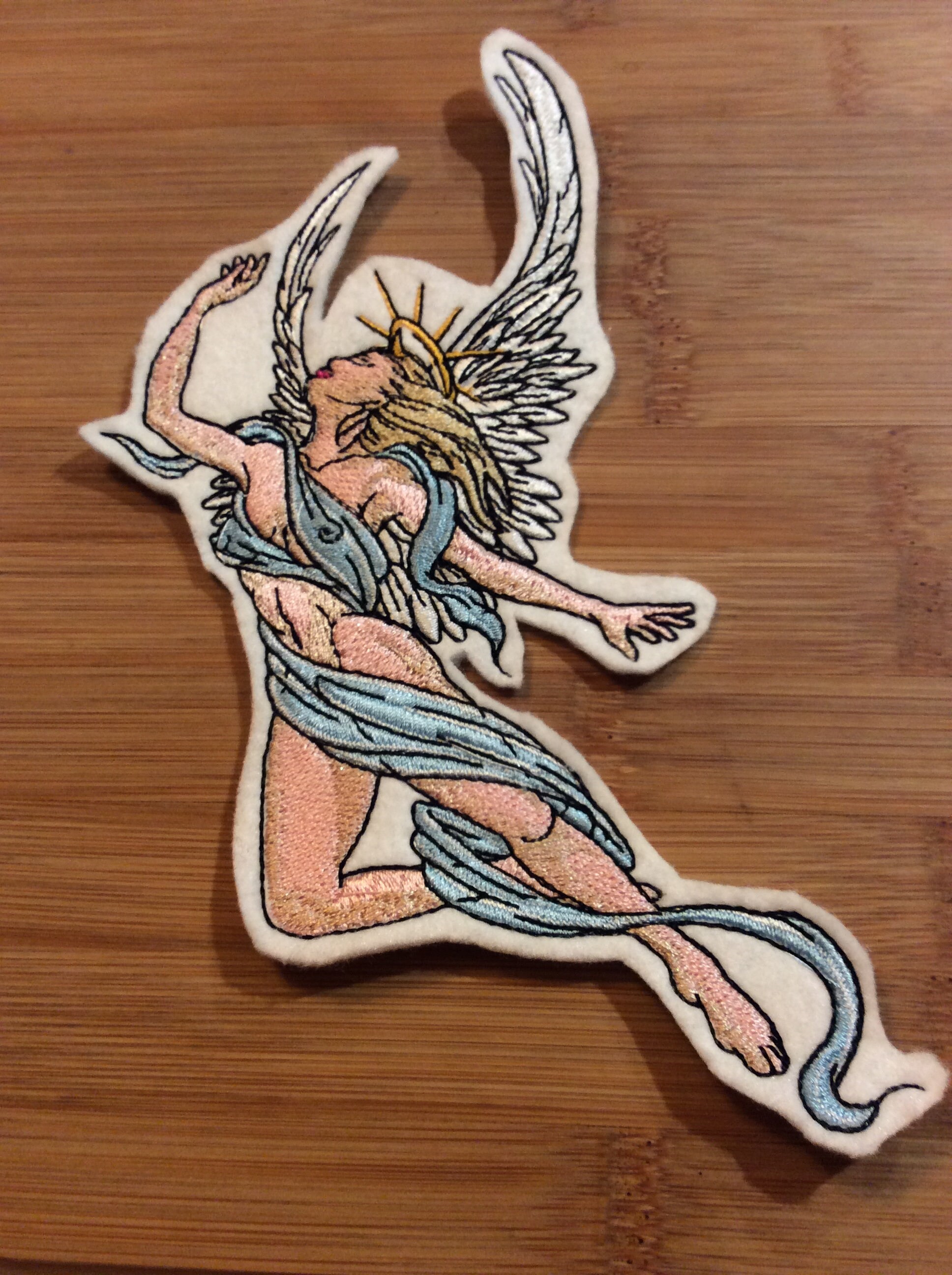 Embroidered Semi-Nude Angel with Blue Ribbon Sew/Iron-On Patch 2 Sizes Available by Twistedstitcher 2018 Located in Abbotsford BC Canada