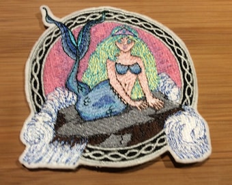 Embroidered Mermaid Mystical Creature Sew/Iron-On Patch Celtic Border by Twistedstitcher 2018 Located in Abbotsford BC Canada