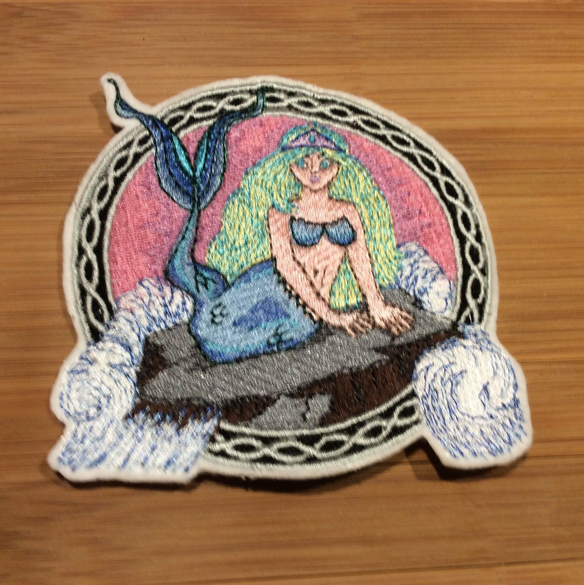 Embroidered Mermaid Mystical Creature Sew/Iron-On Patch Celtic Border by Twistedstitcher 2018 Located in Abbotsford BC Canada