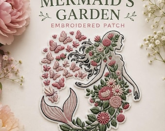 Floral Mermaid Embroidered Patch, Pink Butterfly Cottagecore Applique