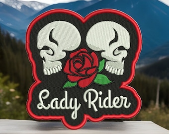 Embroidered Lady Rider Skulls and Rose Biker Motorcycle Patch Sew/Iron-On by Twistedstitcher 2018 Located in Abbotsford Bc Canada