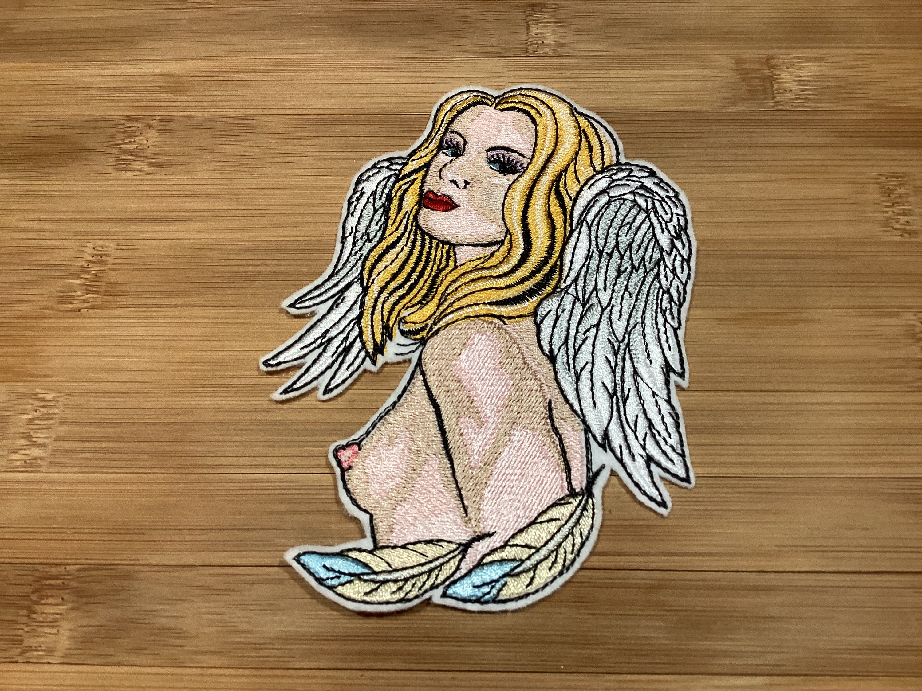 Embroidered Semi-Nude Angel with White/Blue Feathers Sew/Iron-On Patch by Twistedstitcher 2018 Located in Abbotsford BC Canada - Thumbnail 2