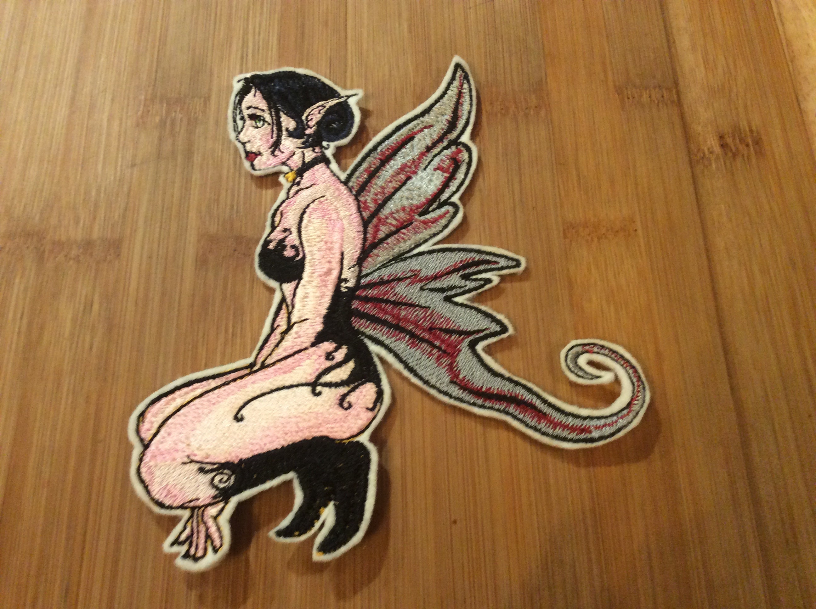 Embroidered Gothic Winged Fairy Creature with Elfin Ears Patch Sew/Iron-On by Twistedstitcher 2018 Located in Abbotsford BC Canada