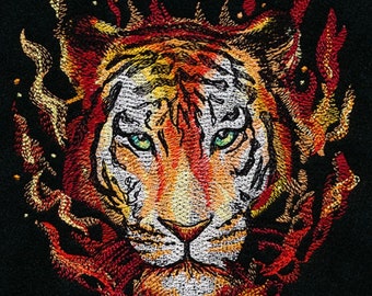 Embroidered Fierce Wild Tiger in Flames Sew/Iron-On Patch 6” x 6” inches by Twistedstitcher 2018 Located in Abbotsford Bc Canada