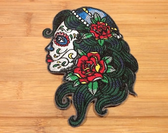 Embroidered Day of the Dead Sugar Skull Gypsy Queen Patch 4.50”x 6” inch Back Patch by Twistedstitcher 2018 Located in Abbotsford BC Canada