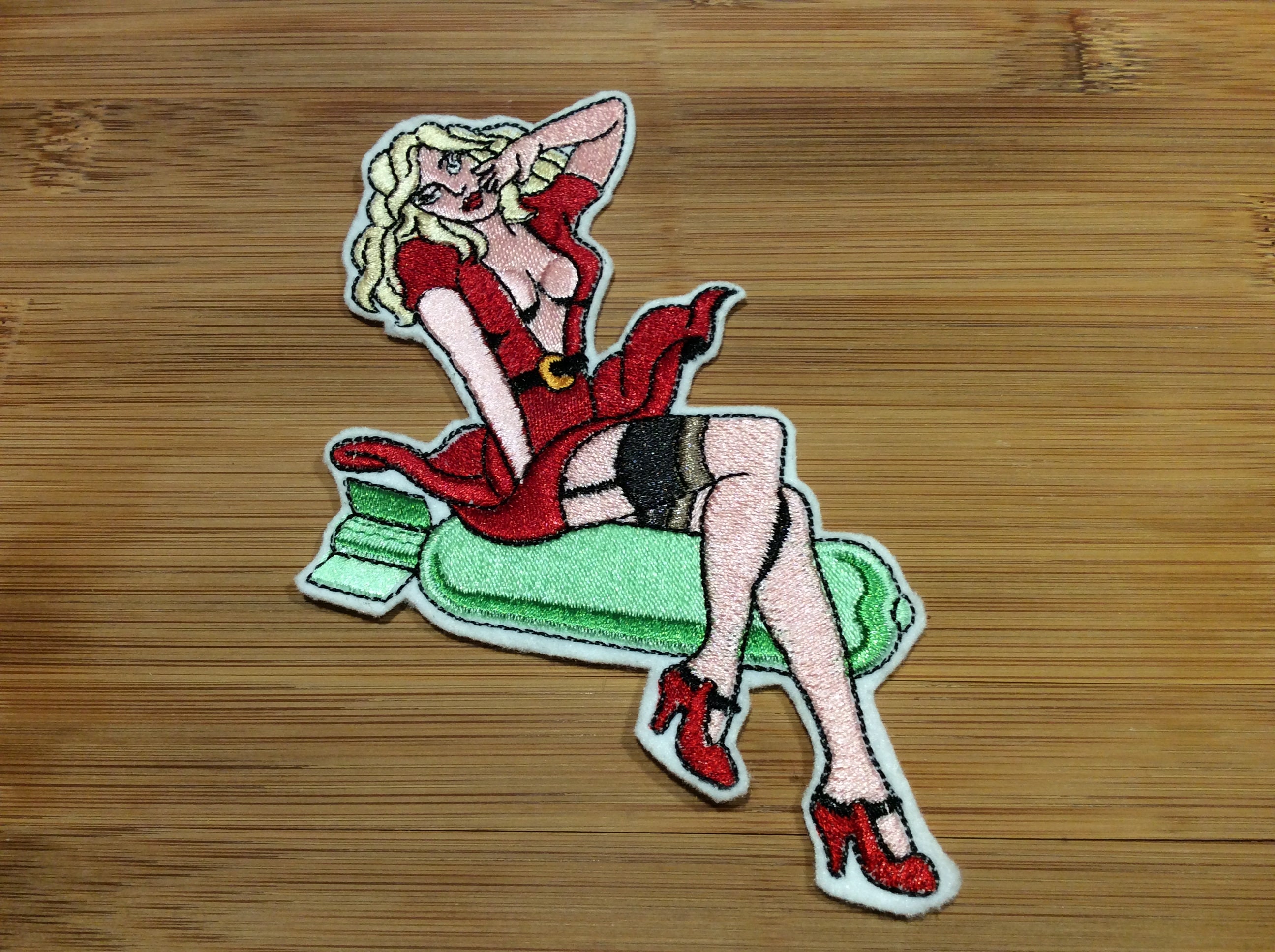 Embroidered Blonde Bombshell Pin-Up Girl Tattooed Style Patch Women Riding A Bomb by Twistedstitcher 2018 Located in Abbotsford BC Canada - Thumbnail 3