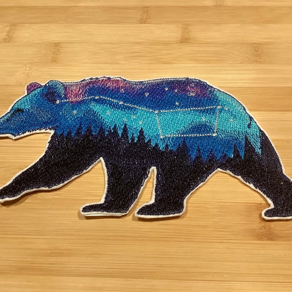 Embroidered Ursa Major Forest Bear Northern Lights Patch 8” x 4.50” inches by Twistedstitcher 2018 Located in Abbotsford Bc Canada