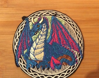 Embroidered Mystical Winged Dragon Sew/Iron-On Patch 2 Sizes Available Celtic Border by Twistedstitcher 2018 Located in Abbotsford BC Canada