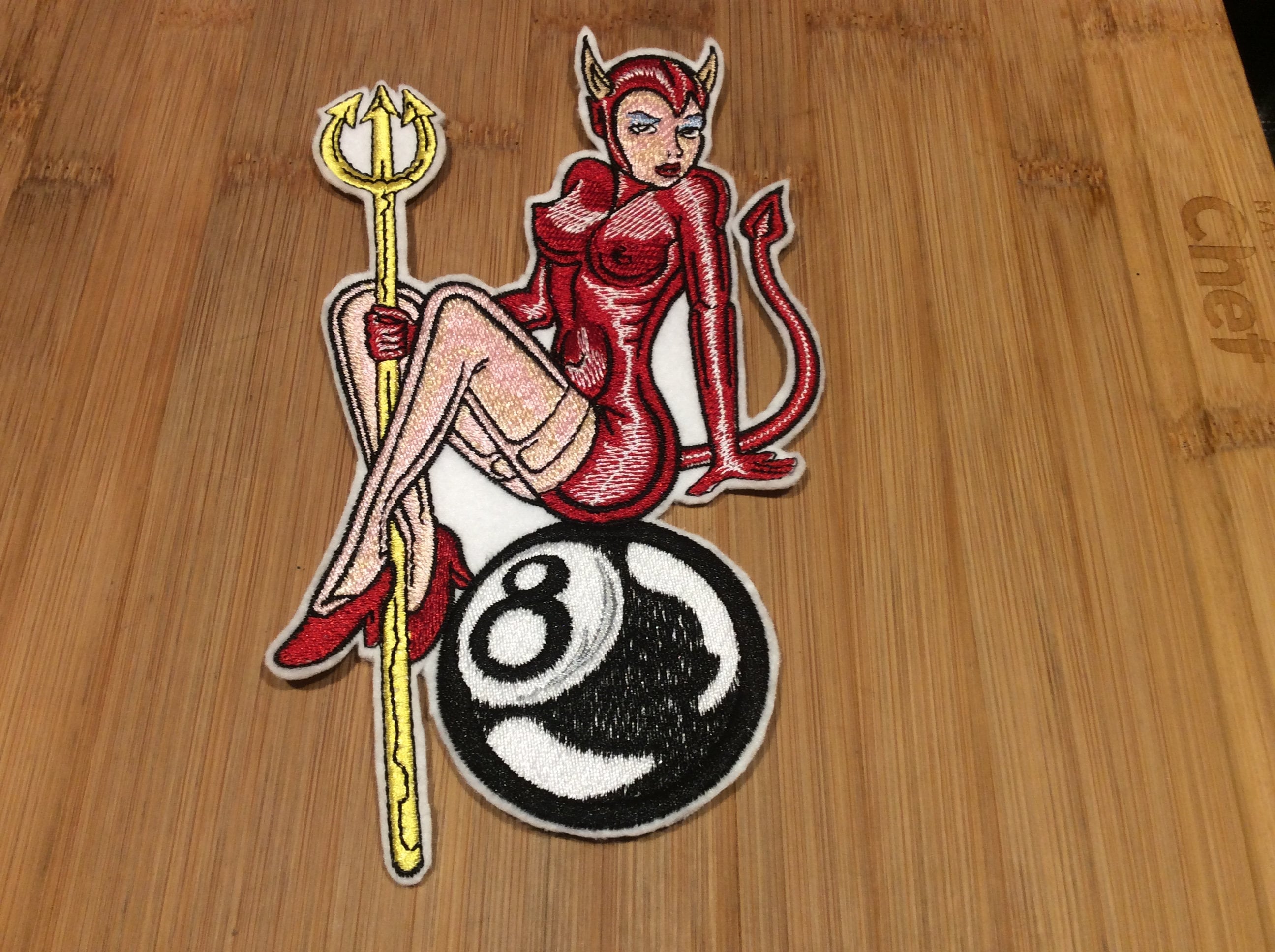 Embroidered Sexy Pin Up Devil Girl with Trident Riding an 8 Ball Patch Sew/Iron-On by Twistedstitcher 2018 Located in Abbotsford Bc Canada - Thumbnail 5