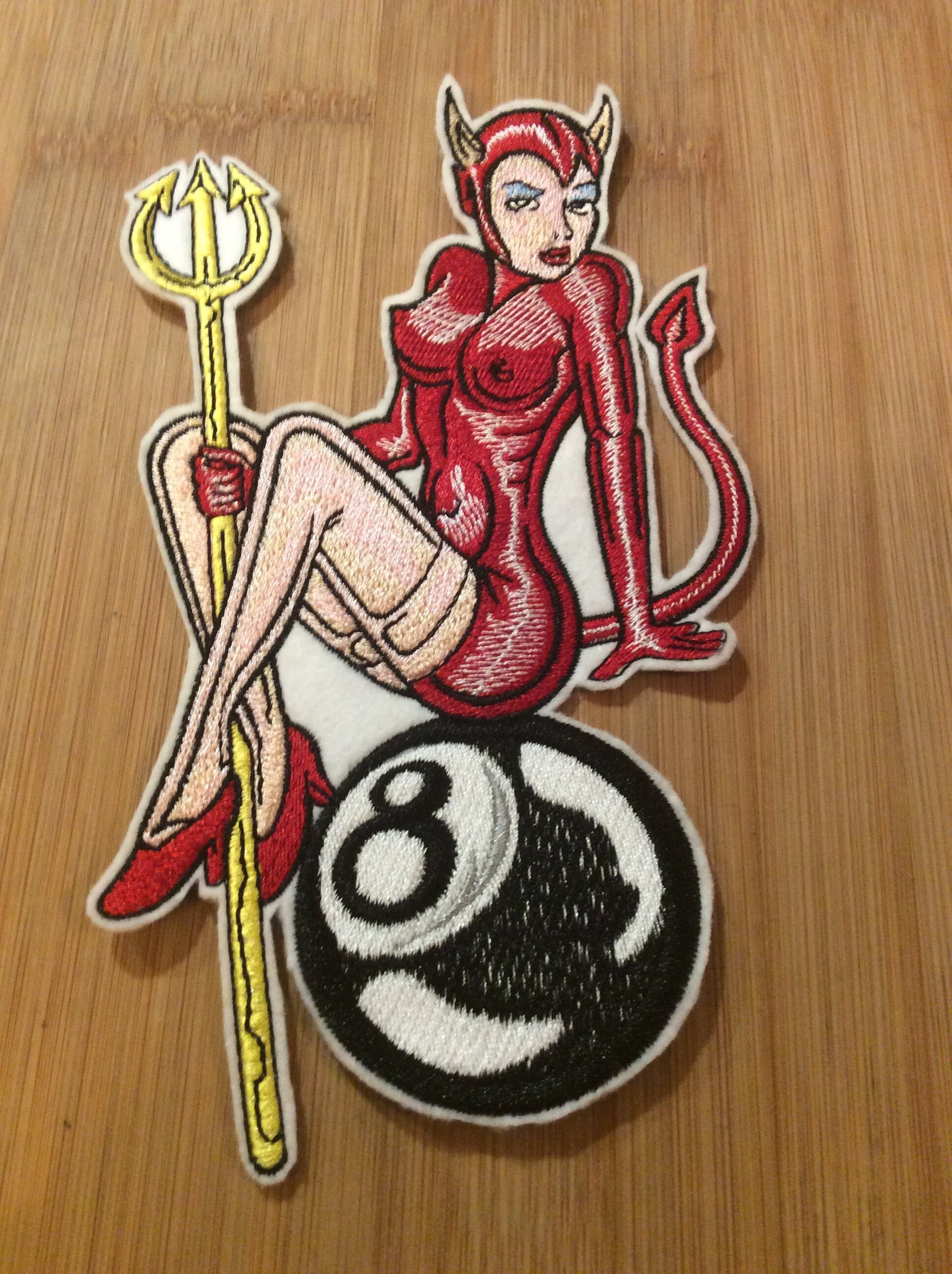 Embroidered Sexy Pin Up Devil Girl with Trident Riding an 8 Ball Patch Sew/Iron-On by Twistedstitcher 2018 Located in Abbotsford Bc Canada