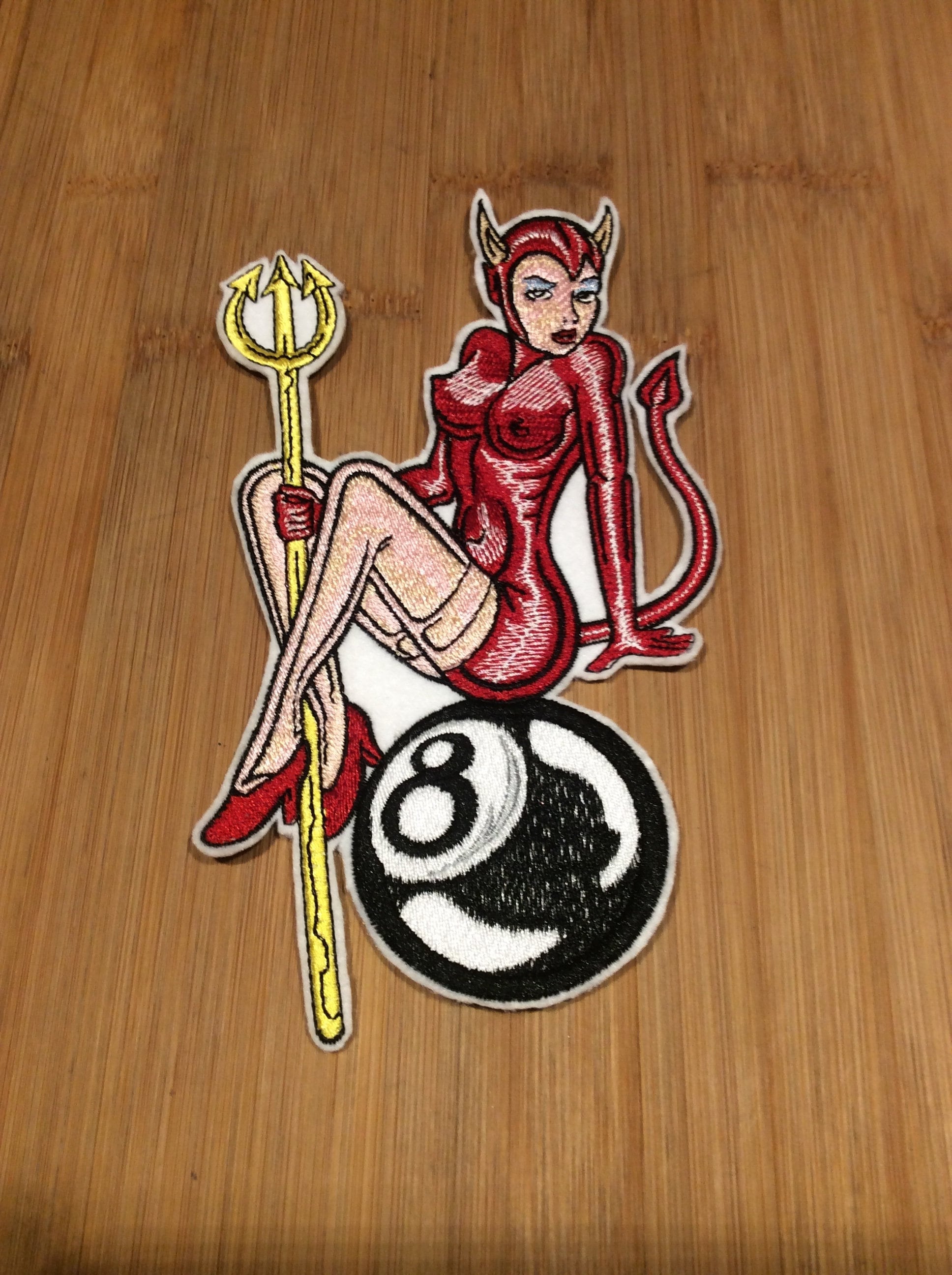 Embroidered Sexy Pin Up Devil Girl with Trident Riding an 8 Ball Patch Sew/Iron-On by Twistedstitcher 2018 Located in Abbotsford Bc Canada - Thumbnail 3