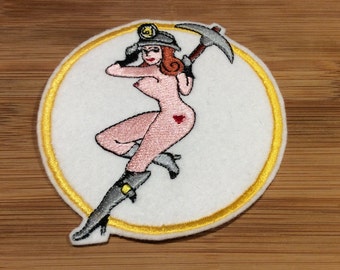 Embroidered Retro Nude Pin-Up Girl Miner with Pick Art Patch by Twistedstitcher 2018 Located in Abbotsford BC Canada