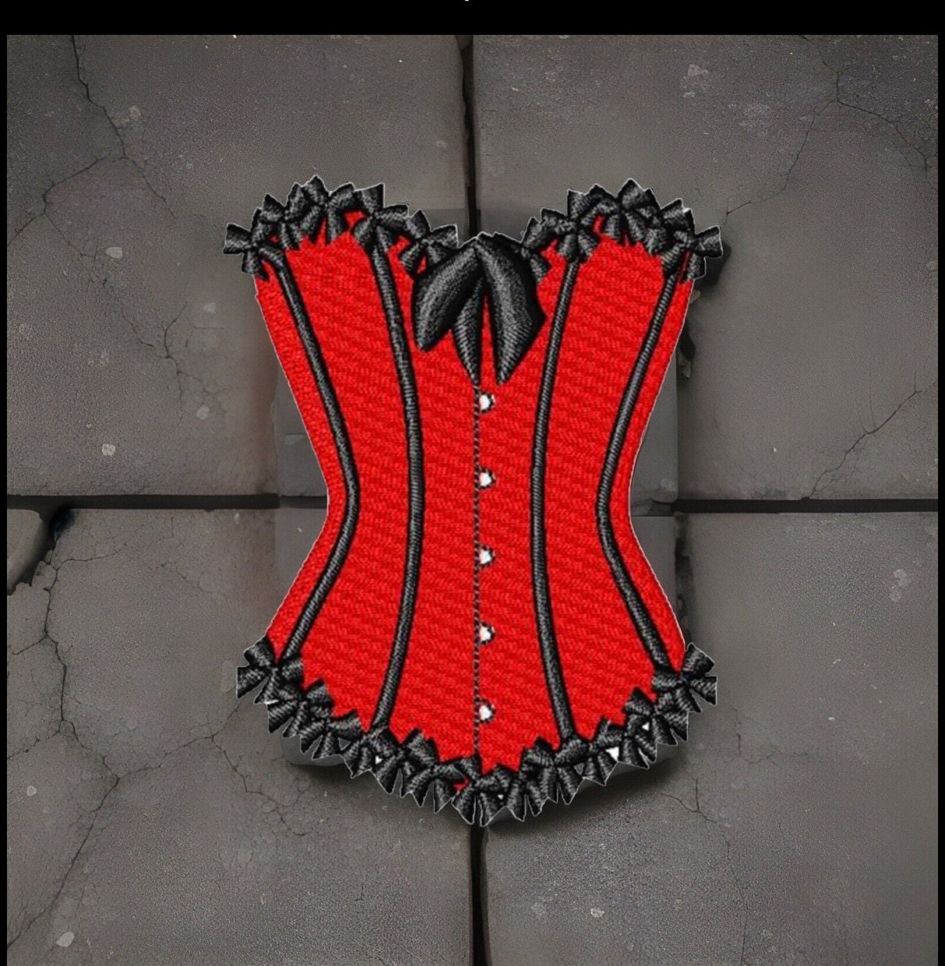 Embroidered Sexy Red Corset Patch Sew/Iron-On Style 3.53" W x 4.60" H by Twistedstitcher2018 Located in Abbotsford BC Canada - Thumbnail 2