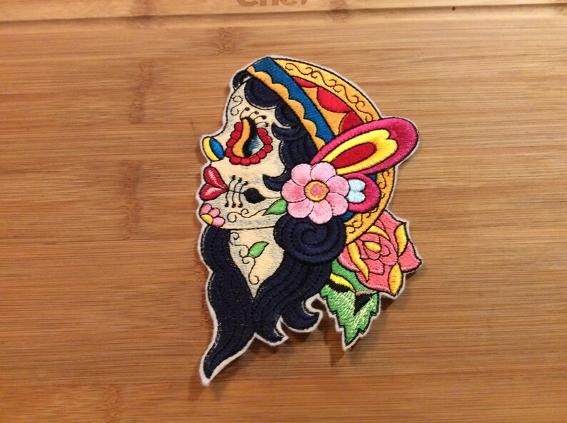 Embroidered Day of the Dead Sugar Skull Mujer Lady Patch 6.50\u201d x 4.25\u201d Back Patch by Twistedstitcher 2018 Located in Abbotsford BC Canada