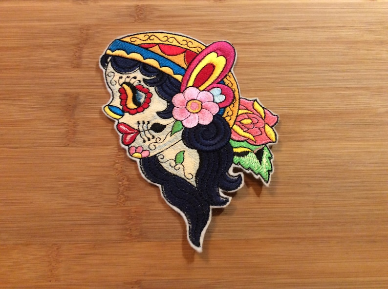 Embroidered Day of the Dead Sugar Skull Mujer Lady Patch 6.50\u201d x 4.25\u201d Back Patch by Twistedstitcher 2018 Located in Abbotsford BC Canada