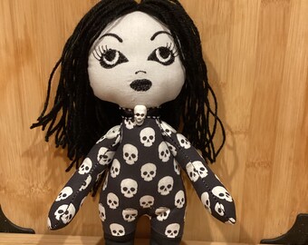 Embroidered Goth Girl Stuffed Doll 9”x 4”inches by TwistedstitcherEmbroidery2018 Located in Abbotsford BC Canada