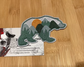 Embroidered Wilderness Forest Bear Scene Silhouette Iron-on Patch 3.50”x 2.25” inches Wild Bear by Twistedstitcher2018 Abbotsford BC Canada