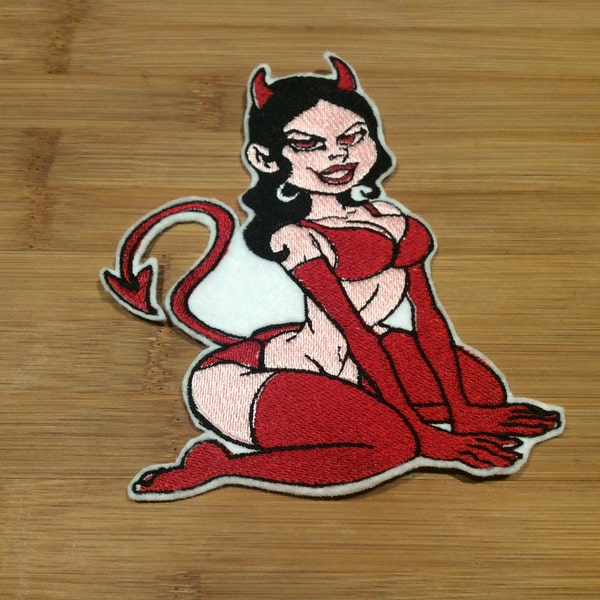 Embroidered Sexy Devil Girl Pin-Up Retro Tattoo Style Patch Sew/Iron-On by Twistedstitcher 2018 Located in Abbotsford Bc Canada