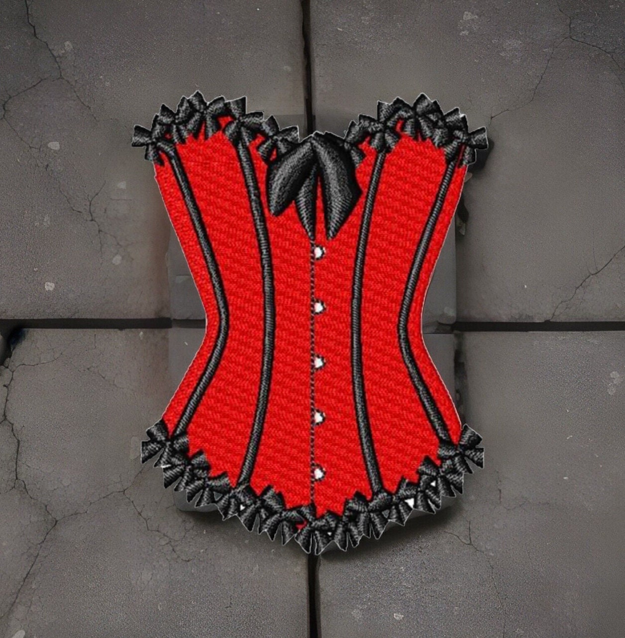 Embroidered Sexy Red Corset Patch Sew/Iron-On Style 3.53" W x 4.60" H by Twistedstitcher2018 Located in Abbotsford BC Canada