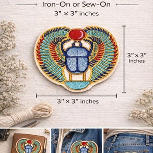May include: Embroidered Egyptian Scarab patch, 3 x 3 inches, featuring a detailed design with blue, gold, red, and turquoise colors. The patch is iron-on or sew-on, suitable for jackets, backpacks, jeans, and more.