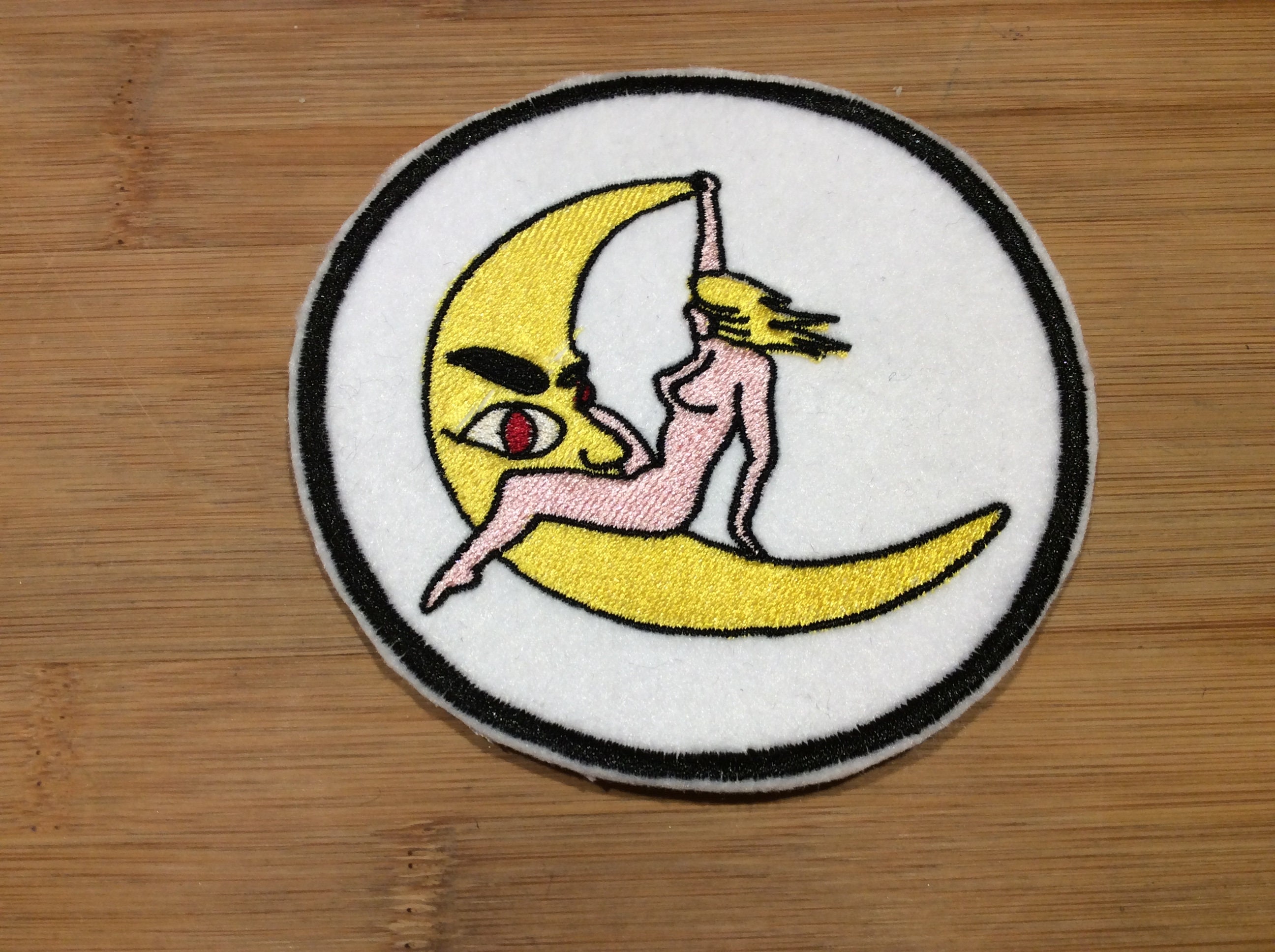 Embroidered Retro Nude Pin-Up Girl Riding Crescent Moon Art Patch by Twistedstitcher 2018 Located in Abbotsford BC Canada - Thumbnail 2
