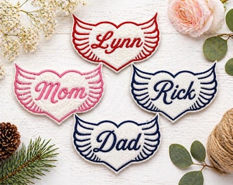 Embroidered Winged Heart Name Tag Patch, Sew/Iron-On, Custom Name Color
