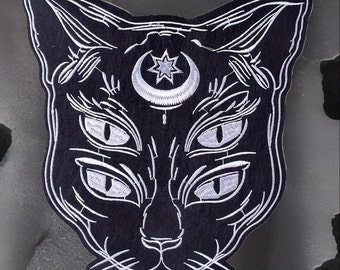 Embroidered Mystical Star/Moon 4 Eyed Black Cat Iron On Back Patch 9.84”x 9.25”Witchy Cat Twistedstitcher 2018 Located Abbotsford BC Canada