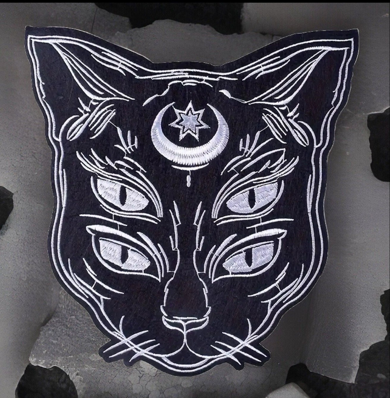 Embroidered Mystical Star/Moon 4 Eyed Black Cat Iron On Back Patch 9.84”x 9.25”Witchy Cat Twistedstitcher 2018 Located Abbotsford BC Canada