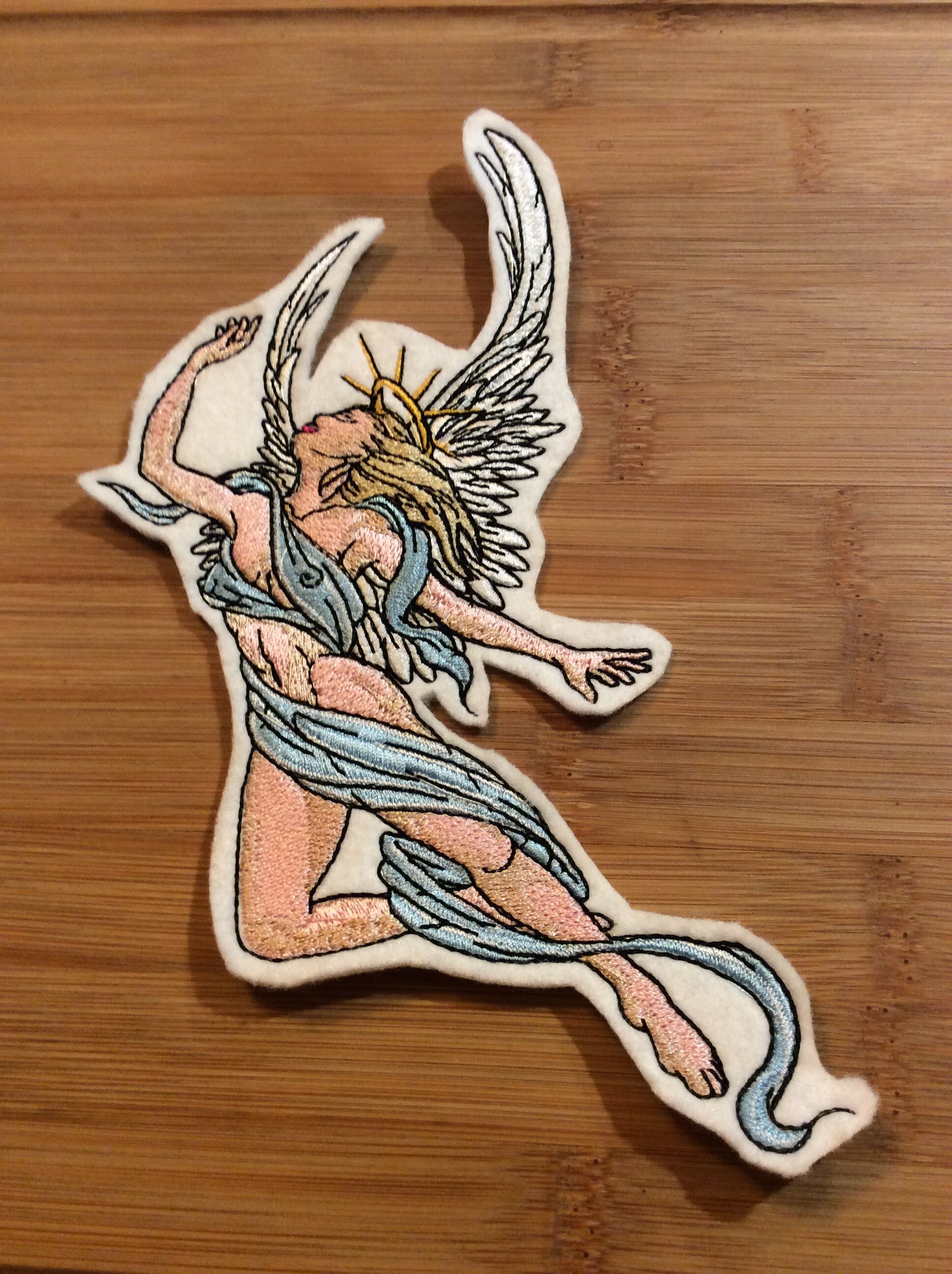 Embroidered Semi-Nude Angel with Blue Ribbon Sew/Iron-On Patch 2 Sizes Available by Twistedstitcher 2018 Located in Abbotsford BC Canada - Thumbnail 4