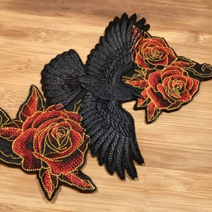 Embroidered Corvus and Roses Raven and Roses Sew/Iron-on Patch 3 Sizes Available by TwistedStitcher2018 Located in Abbotsford BC Canada