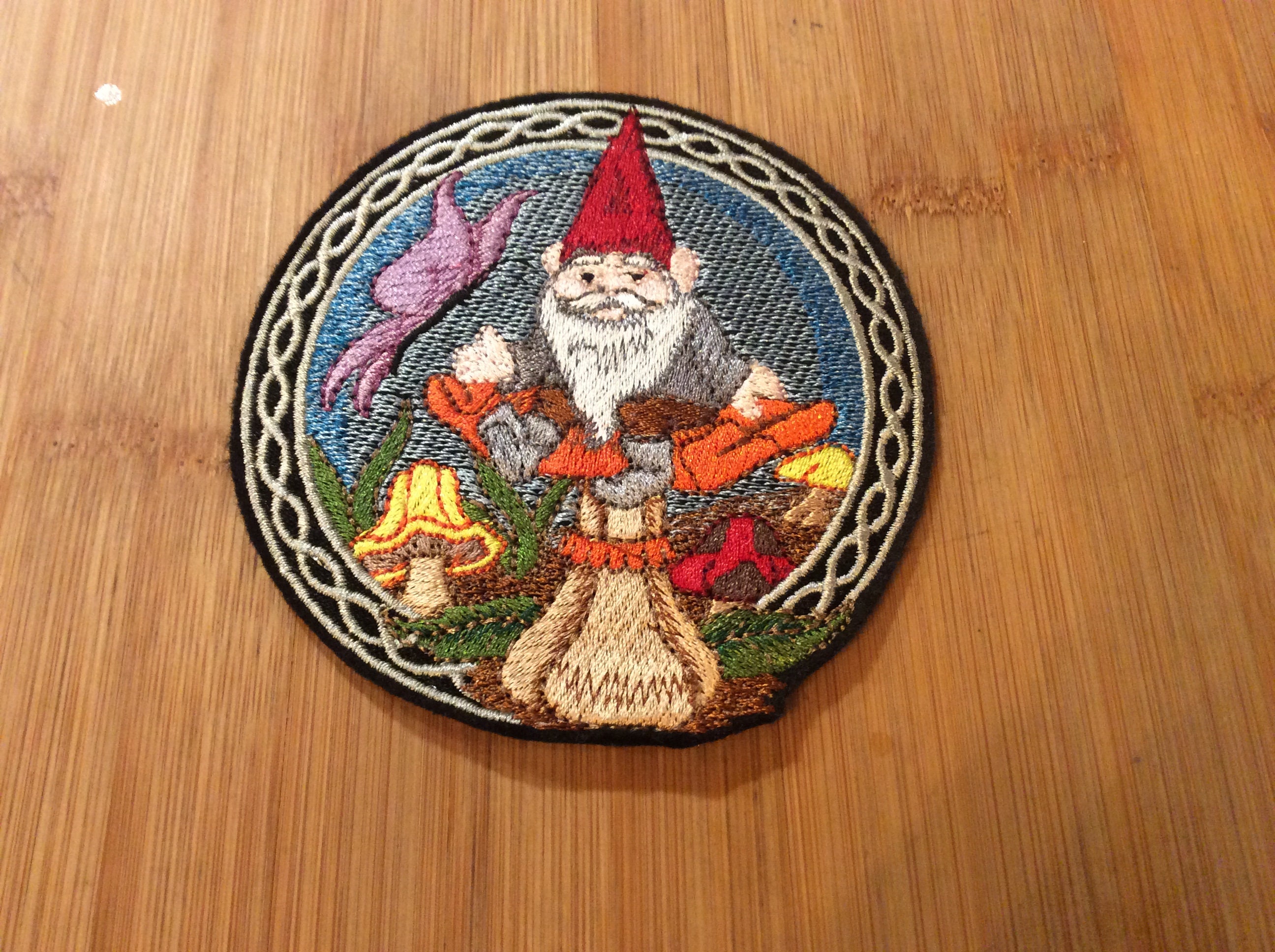 Embroidered Mystical Garden Gnome on a Toadstool Sew/Iron-On Patch Celtic Border by Twistedstitcher 2018 Located in Abbotsford BC Canada - Thumbnail 3