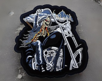 Embroidered Punk Style Large Iron-on Chopper Motorcycle Skull XLPatch 11”x10” Inches by Twistedstitcher 2018 Located in Abbotsford BC Canada