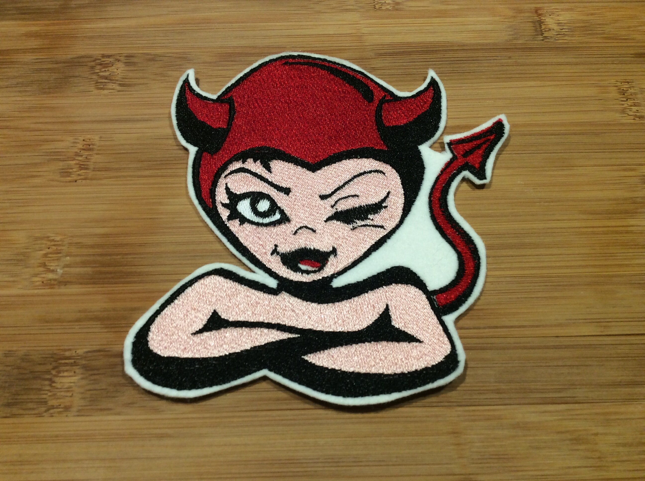Embroidered Winking Devil Girl Patch Sew/Iron-On by Twistedstitcher 2018 Located in Abbotsford Bc Canada - Thumbnail 5